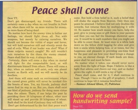 Magazine scan of "peace-shall-come" as it appeared in YT magazine
